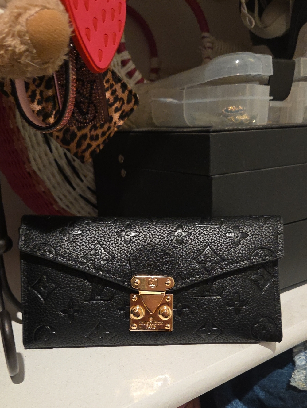 Luxury Black Embossed Leather Wallet with Gold Lock